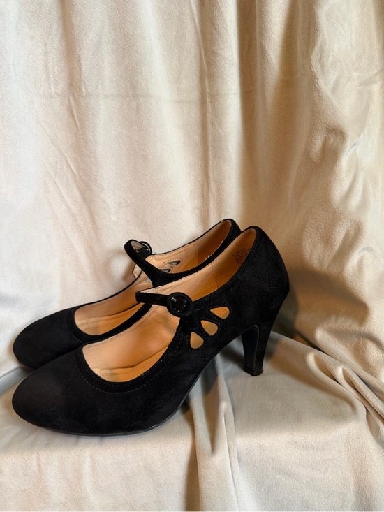 Shoes - Women's Black Suede Mary Jane Heel with Decorative Cutouts
